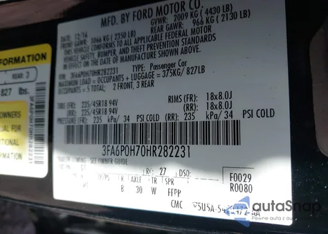 2017 Ford Fusion Se из США, поврежденный, VIN 3FA6P0H70HR282231